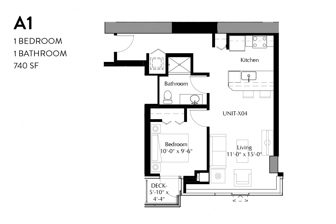 Floor plan for 1 bed, 1 bath, 740 sqft